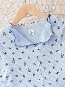 女大童碎花木耳邊T恤和褲子睡衣套裝 - 藍色 - 查看 3