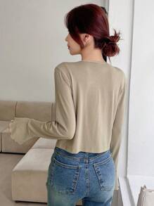 DAZY Chất rắn Mặt trước xoắn Cami ngọn & Tie Trước Áo khoác - Màu Khaki - Xem 2