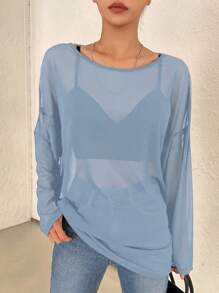 DAZY Solid Drop Shoulder Sheer Top Without Bra Long Sleeve Women - Blue - View 3