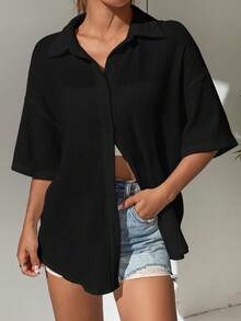 SHEIN EZwear 素色落肩袖前紐扣襯衫 - 黑色 - 查看 3