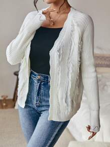 SHEIN LUNE Raw Trim Raglan Sleeve Cardigan - White - View 3