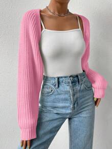 SHEIN EZwear Solid Ribbed Knit Shrug Pink Cardigan,Long Sleeve Tops In Fall/Winter - Coral Pink - View 7