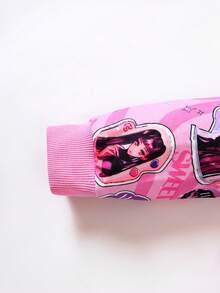 SHEIN Young Girl Figure & Letter Graphic Zip Up Bomber Jacket - Pink - View 5