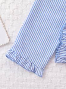 Young Girl Striped & Cat Print Peter Pan Collar PJ Set - Blue - View 4