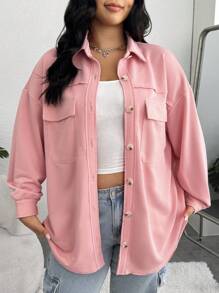 SHEIN Qutie Plus Flap Pocket Drop Shoulder Coat - Baby Pink - View 5