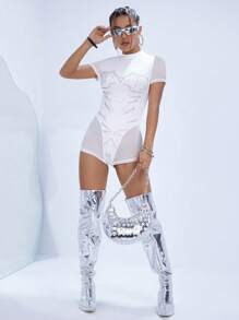 SHEIN ICON Reflective Graphic Mesh Insert Unitard Romper - White - View 6