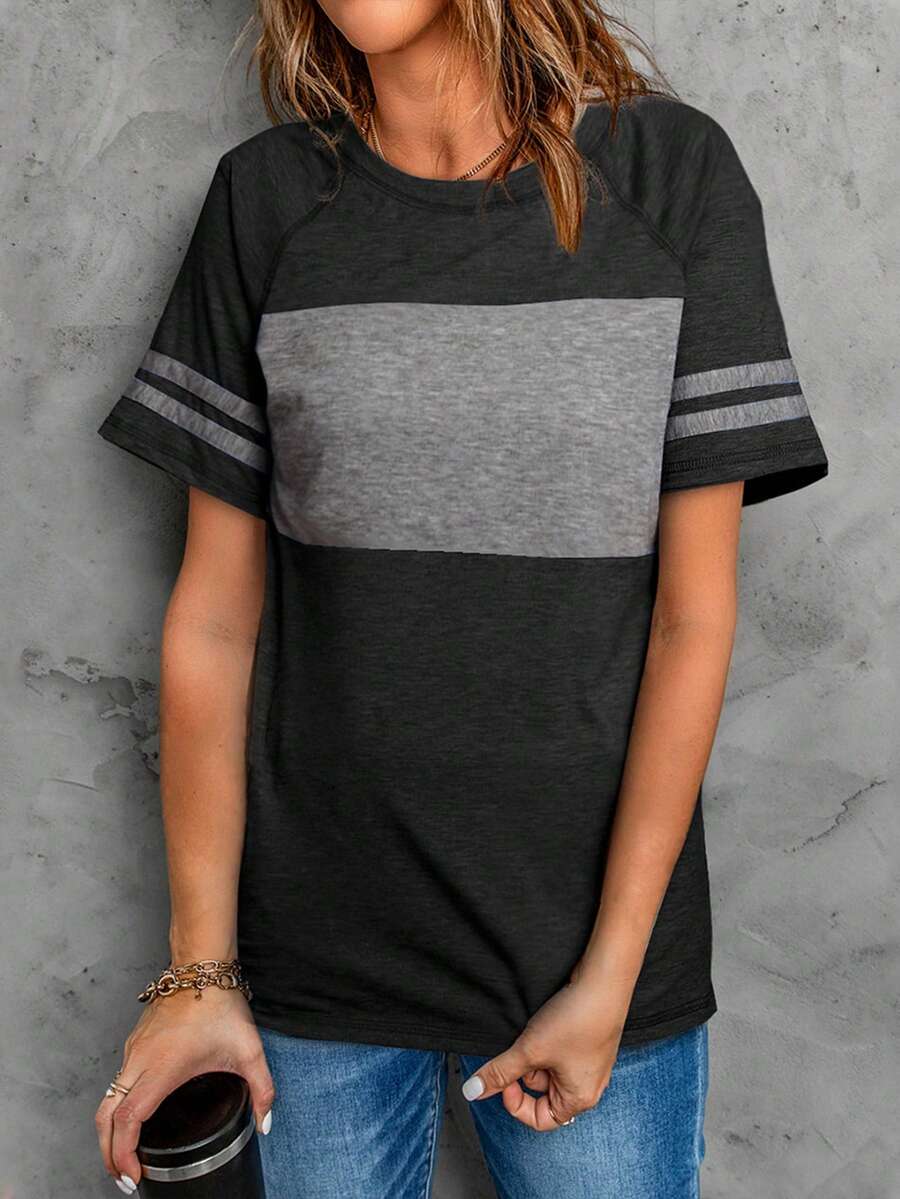 Colorblock Striped Raglan Sleeve Tee - Multicolor - View 1