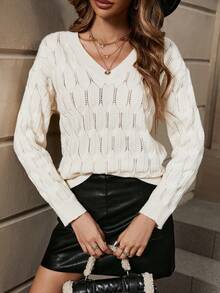 SHEIN Frenchy Chất rắn Thả vai Dệt kim chấm bi Áo len - Màu be - Xem 3