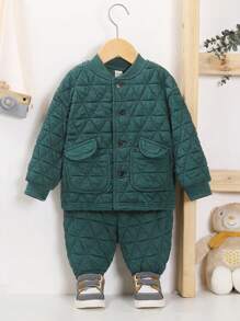SHEIN Baby Boy Solid Button Front Bomber Jacket & Pants Without Tee - Dark Green - View 3