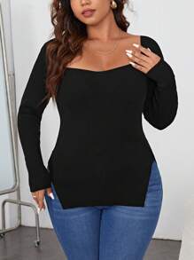 SHEIN Essnce Plus Scoop Neck Split Hem Sweater, For Winter - Black - View 4