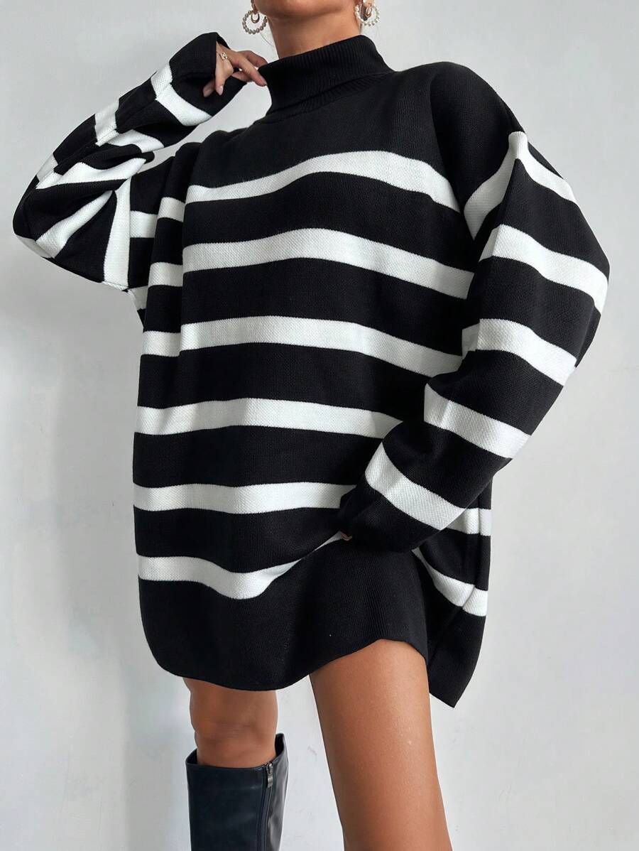 EURMUSE Women's Turtleneck Oversized Drop Shoulder Long Sleeve Long Sweater - Black and White - View 1