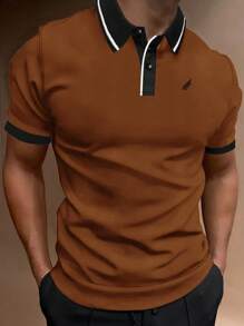 Manfinity Homme Men Wing Print Contrast Trim Polo Shirt , Button Up Collar Color Block Khaki Polo Shirt , Business Casual Boyfriend Gift - Brown - View 1