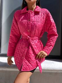 EURMUSE Snap Button Front Belted Quilted Coat - Hot Pink - View 5
