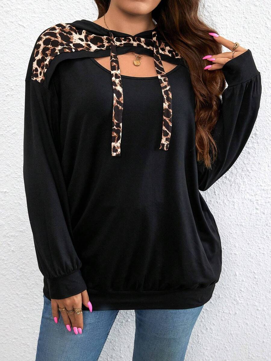 SHEIN LUNE 加大码豹纹镂空落肩抽绳卫衣，适合毕业季、返校季、教师节等场合，秋冬新款。 - 黑色 - 查看 1