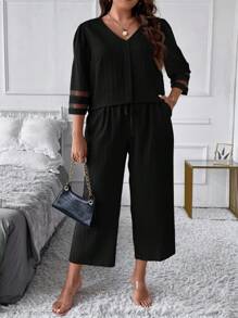 SHEIN LUNE Hơn Lưới tương phản Áo sơ mi & Dây thắt lưng Quần - màu đen - Xem 1