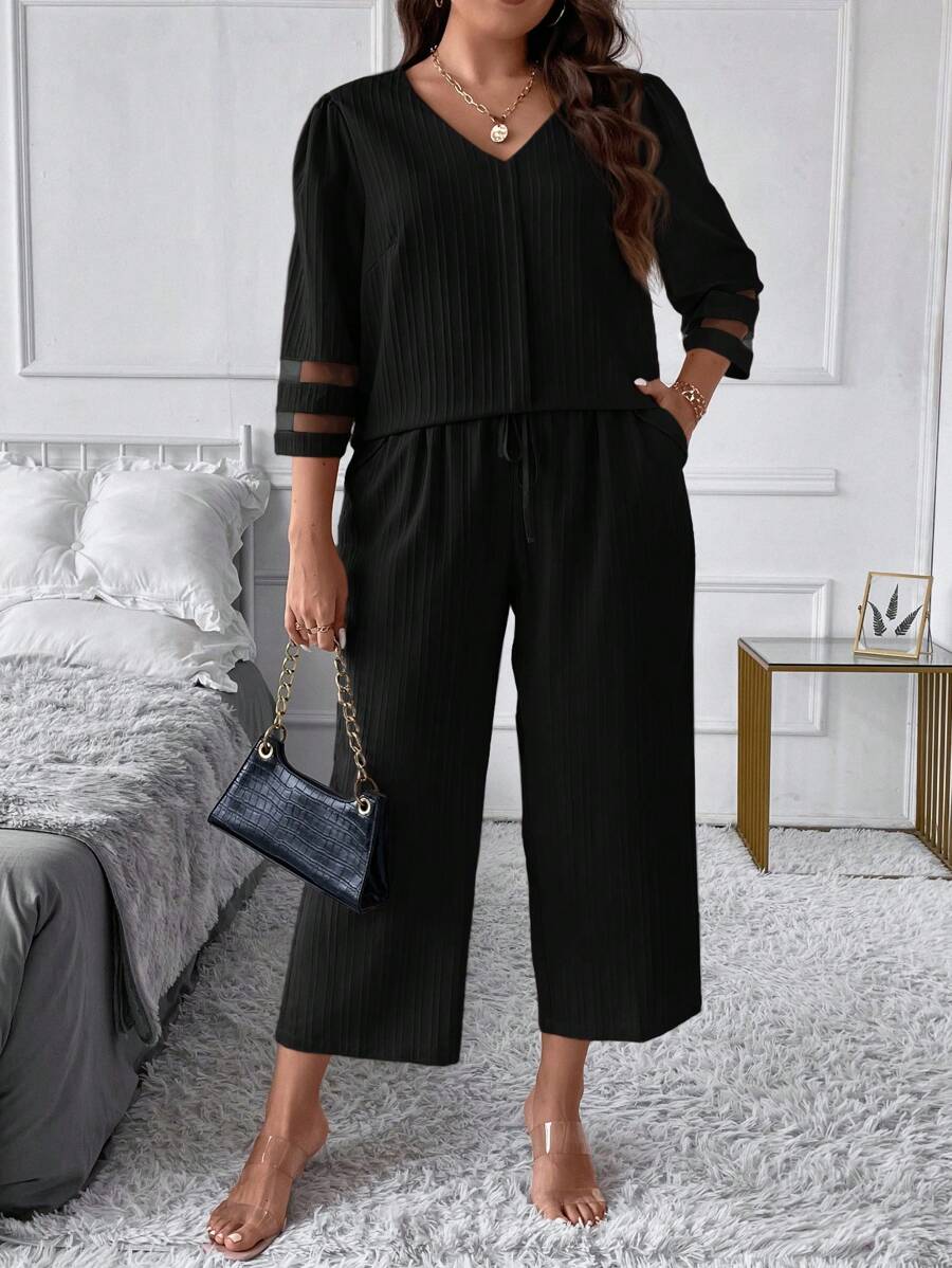 SHEIN LUNE Hơn Lưới tương phản Áo sơ mi & Dây thắt lưng Quần - màu đen - Xem 1