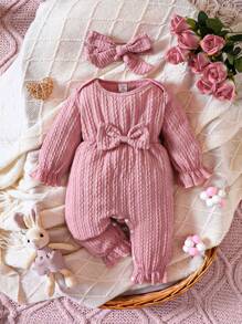 女嬰前蝴蝶結荷葉袖荷葉邊連身褲＆ 頭巾 - 粉色 - 查看 1