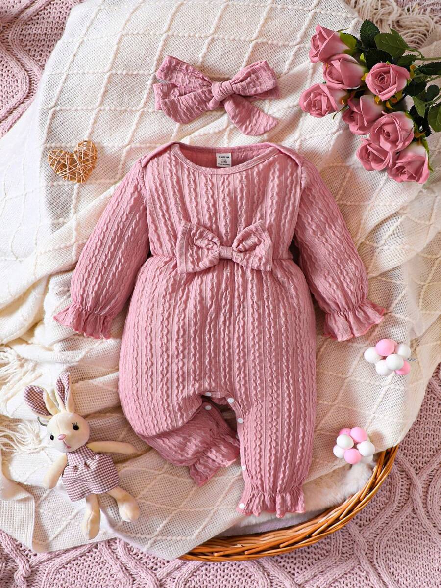 女嬰前蝴蝶結荷葉袖荷葉邊連身褲& 頭巾 - 粉色 - 查看 1