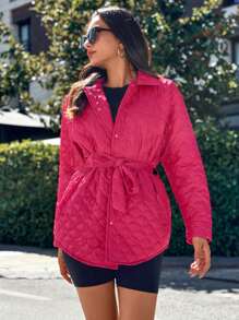 EURMUSE Snap Button Front Belted Quilted Coat - Hot Pink - View 3