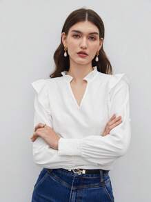 BizChic Notched Neck Ruffle Trim Blouse - White - View 9