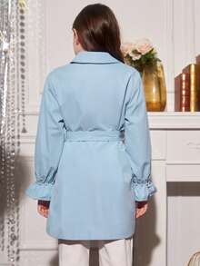 SHEIN Tween Girl 1pc Double Breasted Belted Trench Coat - Baby Blue - View 2