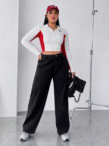 SHEIN EZwear Hơn Chi tiết Patched thư Khối màu Dây kéo Áo Jacket Crop - trắng - Xem 5
