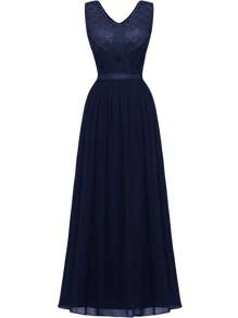 Lace Insert V Neck Maxi Party Dress - Navy Blue - View 1