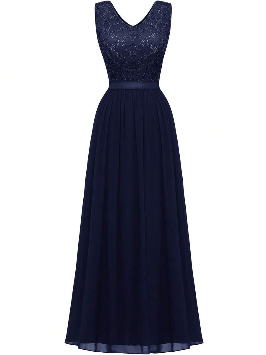 Lace Insert V Neck Maxi Party Dress - Navy Blue - View 1
