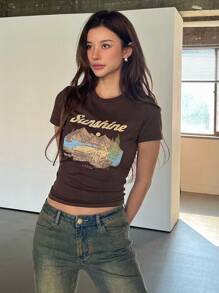 DAZY 汽車和字母圖案短款T恤 - 咖啡棕 - 查看 8