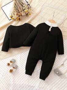 女嬰素色夾克&拼接領連身褲 - 黑色 - 查看 2