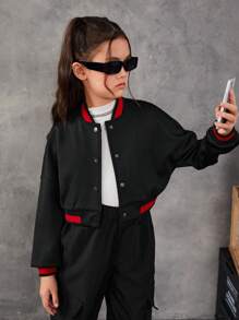 SHEIN Tween Girl Letter Graphic Striped Trim Drop Shoulder Crop Jacket - Black - View 4