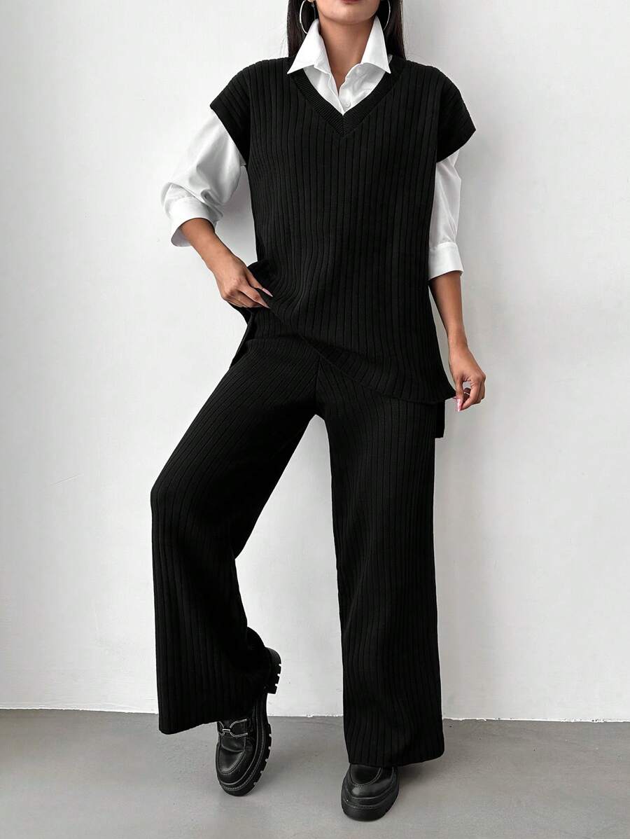 EURMUSE Split Hem Sweater Vest & Knit Pants Without Blouse - Black - View 1