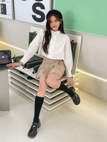 DAZY Solid Frill Trim Button Front Shirt - White - View 11