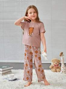 SHEIN Young Girl Bear Print PJ Set - Multicolor - View 1