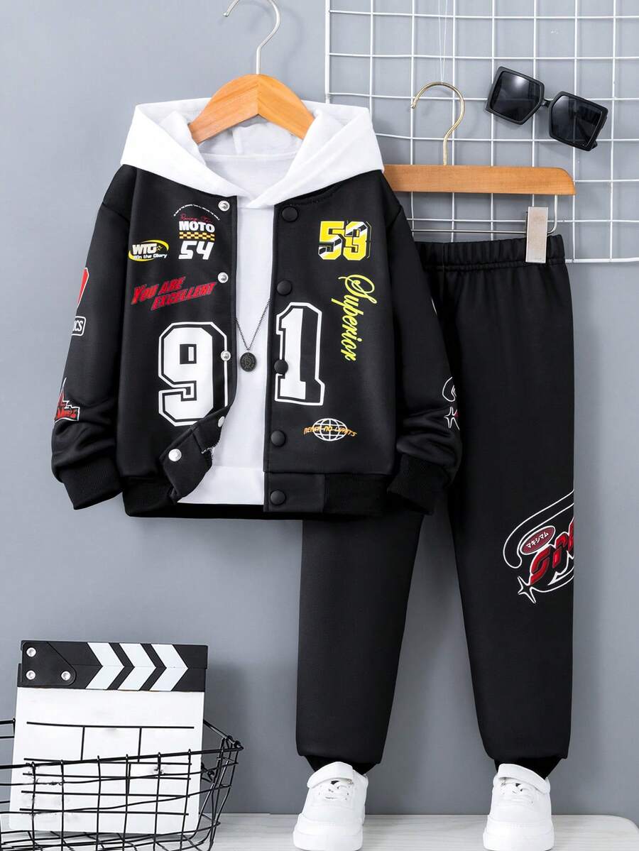 SHEIN 男小童字母圖案飛行員夾克和運動褲無連帽衫 - 藍色 - 查看 1