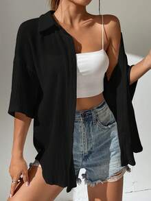 SHEIN EZwear 素色落肩袖前紐扣襯衫 - 黑色 - 查看 4