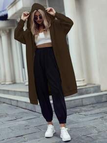 SHEIN Unity 落肩袖開門襟連帽長款運動衫 - 咖啡棕 - 查看 3