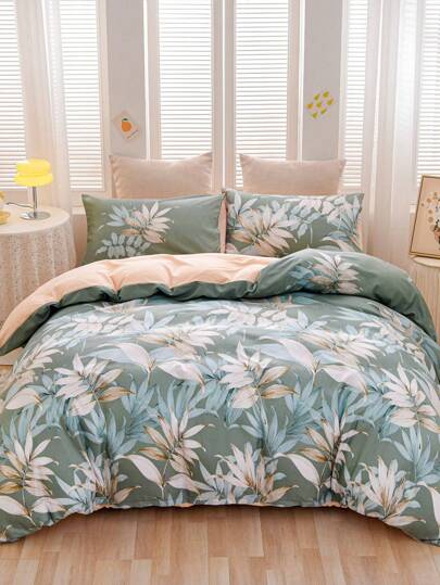 3 delar ultralätt och mjukt duntäcke i mikrofiber, vändbart växt- och blommönster - Bäddset (1 täcke, 2 örngott), lämplig för sovrum, resor, studentboende (pojkar, flickor)