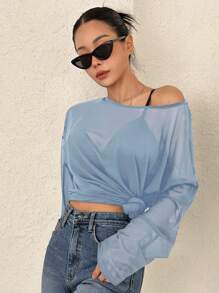 DAZY Solid Drop Shoulder Sheer Top Without Bra Long Sleeve Women - Blue - View 4