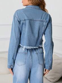 SHEIN Maternity Flap Detail Raw Hem Denim Jacket - Light Wash - View 2