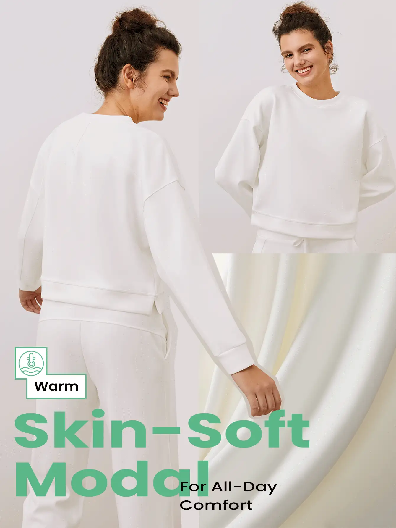 GLOWMODE 1 Miếng Modal Thả vai Áo nỉ Với Ngón tay cái - trắng - Xem 2