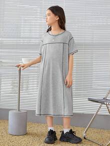 SHEIN 女大童拼接車縫落肩T恤連衣裙 - 淺灰色 - 查看 3