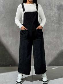 SHEIN EZwear Plus Dual Pocket Corduroy Overall Jumpsuit Without Tee - Black - View 5
