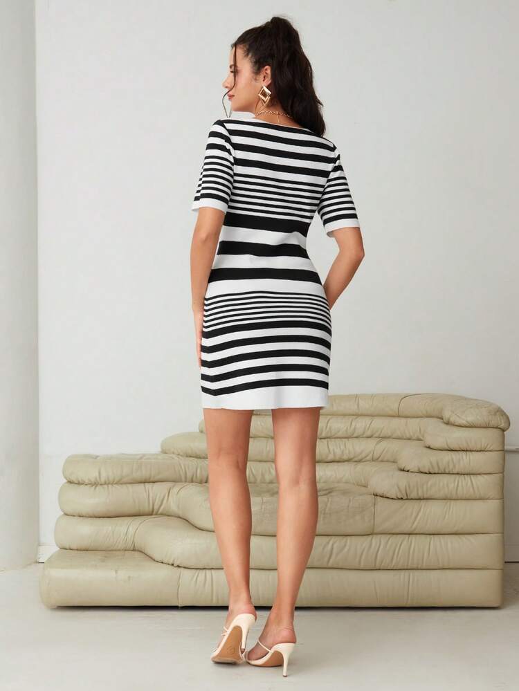 Striped Pattern Square Neck Bodycon Sweater Dress