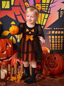 SHEIN Baby Girl Halloween Print Mesh Overlay Bow Front Dress, For Halloween Party - Multicolor - View 1