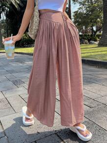 DAZY Solid Tie Side Wide Leg Trousers - Pink - View 4