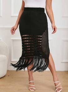 SHEIN LUNE Plus Fringe Hem Knit Skirt