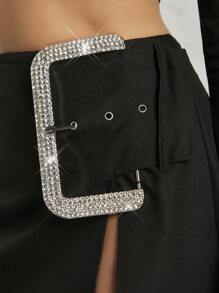 SHEIN Unity Falda Con Diamantes De Imitación Grandes De Hebilla Y Dobladillo Dividido - Negro - Ver 6