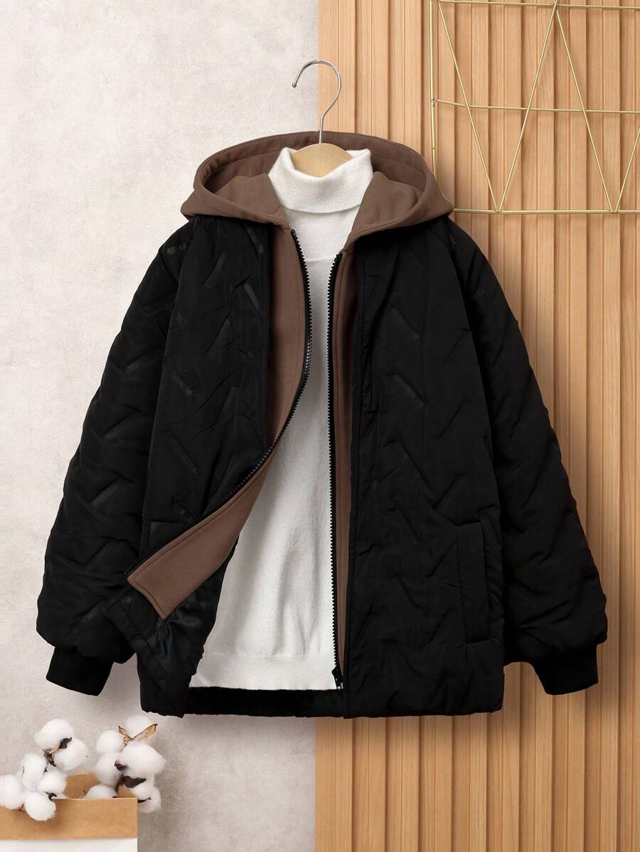 SHEIN Tween Boy 2 In 1 Zip Up Quilted Coat Without Tee - Black - View 1
