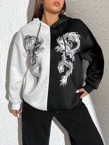 SHEIN EZwear 加大码中国龙印花双色落肩抽绳卫衣 - 黑與白 - 查看 4